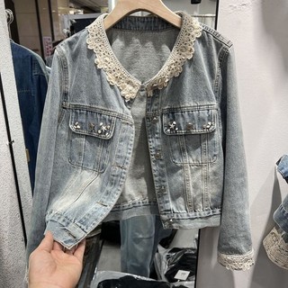 Korean Lace Splicing Denim Jacket For Women Spring 2026 New