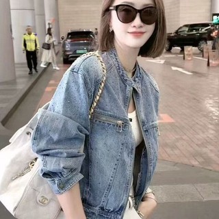 Hong Kong Style Retro Zipper Hot Diamond Short Denim Jacket