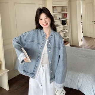 Lace Stitching Light-colored Denim Jacket For Women 2026 Spr