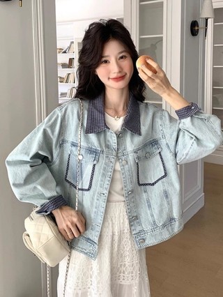 Plaid Stitching Retro Polo Collar Denim Jacket For Women 202