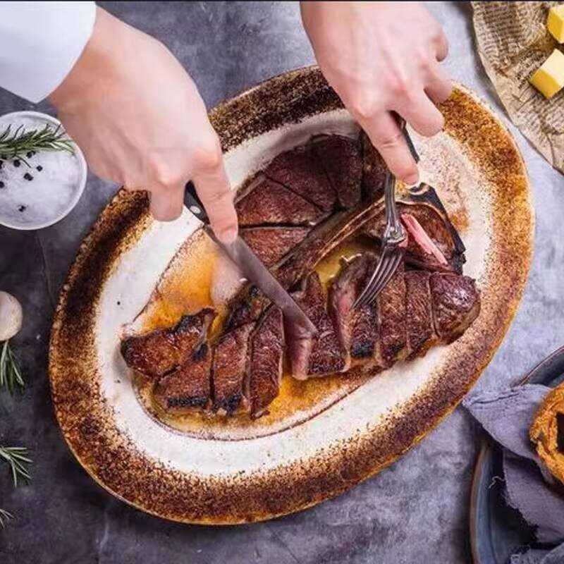美式純白色耐高溫陶瓷西餐盤牛排盤餐廳乾式熟成牛排烤箱加熱盤子