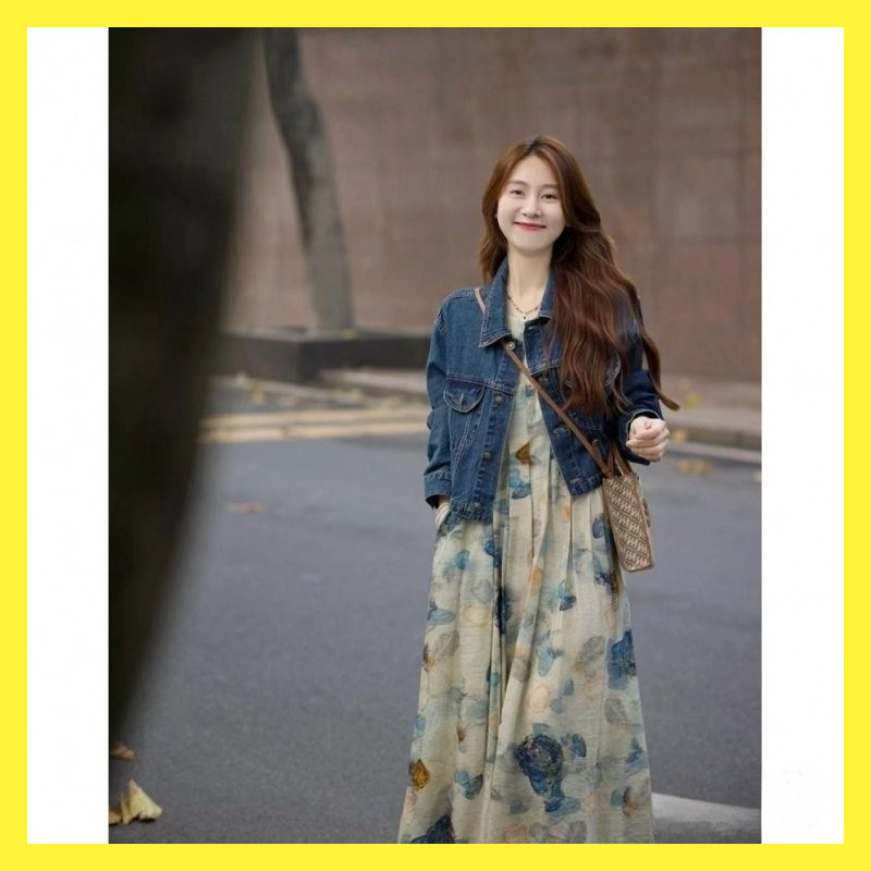 🌈ATC✨套裝女韓版秋季 韓系寬尺碼碎花長洋裝套裝海邊度假抗皺垂墜剪裁修飾腰腹線通勤兩穿顯薄