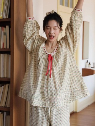 Her Light 定製 insi 法式 高級感雲朵棉睡衣女款碎花春秋季女士簡約甜美家居服套裝薄款 【台灣出貨】