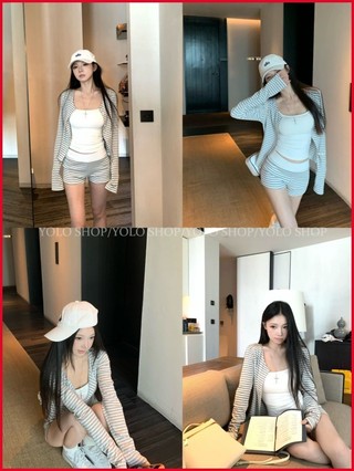 新品 女褲 裙子 顯瘦 寬鬆 YOLO SHOP 韓系慵懶鬆弛感條紋開襟短褲套裝女夏季休閒風針織套裝
