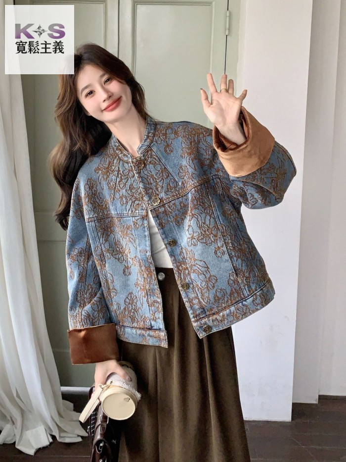 女式丹寧 國風復古刺繡拼色牛仔外套女2026年春秋新款小個子百搭短上衣潮 原色丹寧 女款夾克 溫柔減齡 女式丹寧 寬鬆 