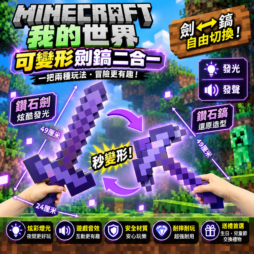 ⭐熱銷⭐我的世界 遊戲周邊 麥塊劍鎬 鑽石劍鎬【可變形】劍鎬 可變形武器 發聲光劍MC 玩具禮物擺件【彩星匯】