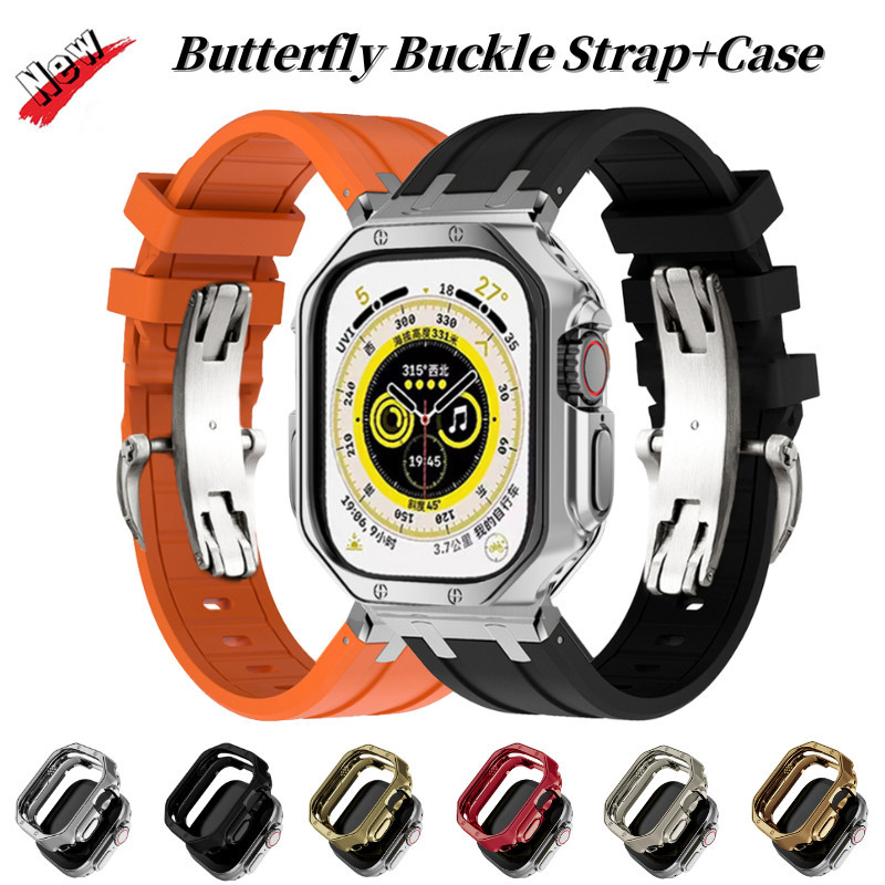 ♞,♘金屬蝴蝶扣表帶 AP橡樹改裝錶帶 適用蘋果手錶Apple Watch Ultra2 49mm 10代 46mm矽膠