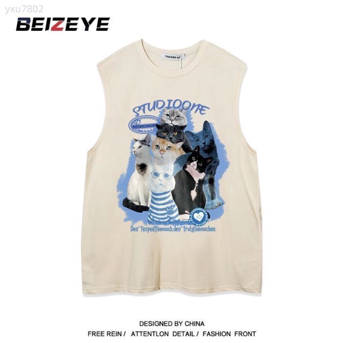 🍑-  復古背心潮流貓咪印花多色可選無袖t卹男女夏高街寬鬆多巴胺穿搭