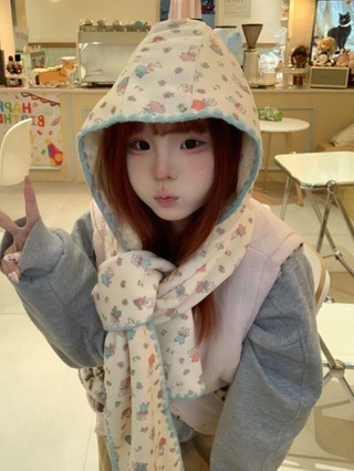 💕熱賣💕 韓國小眾設計師~可愛碎花兔子雙面印花圍巾帽女冬季保暖百搭連帽