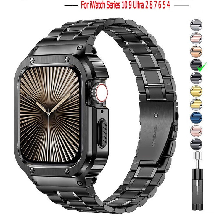 ♞,♘改裝金屬錶殼+不銹鋼錶帶套裝適用apple watch 10 46mm ultra 2 9 49 45mm蘋果手錶