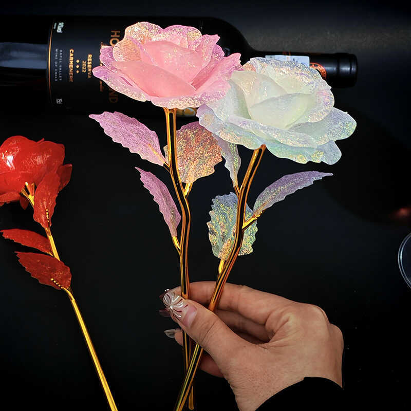 單支炫彩玫瑰花金箔仿真花PVC盒裝 母親教師情人節禮物發光小禮品