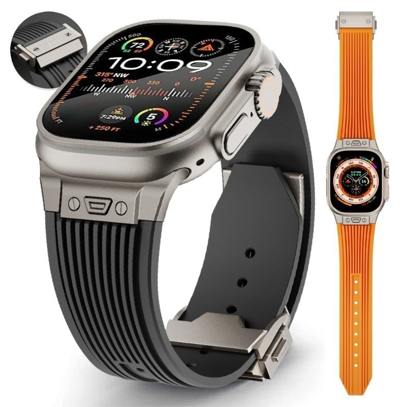 ♞,♘,♙彈力矽膠錶帶 不鏽鋼表扣 適用蘋果手錶Apple Watch Ultra2 49mm高品質男士錶帶 42 45
