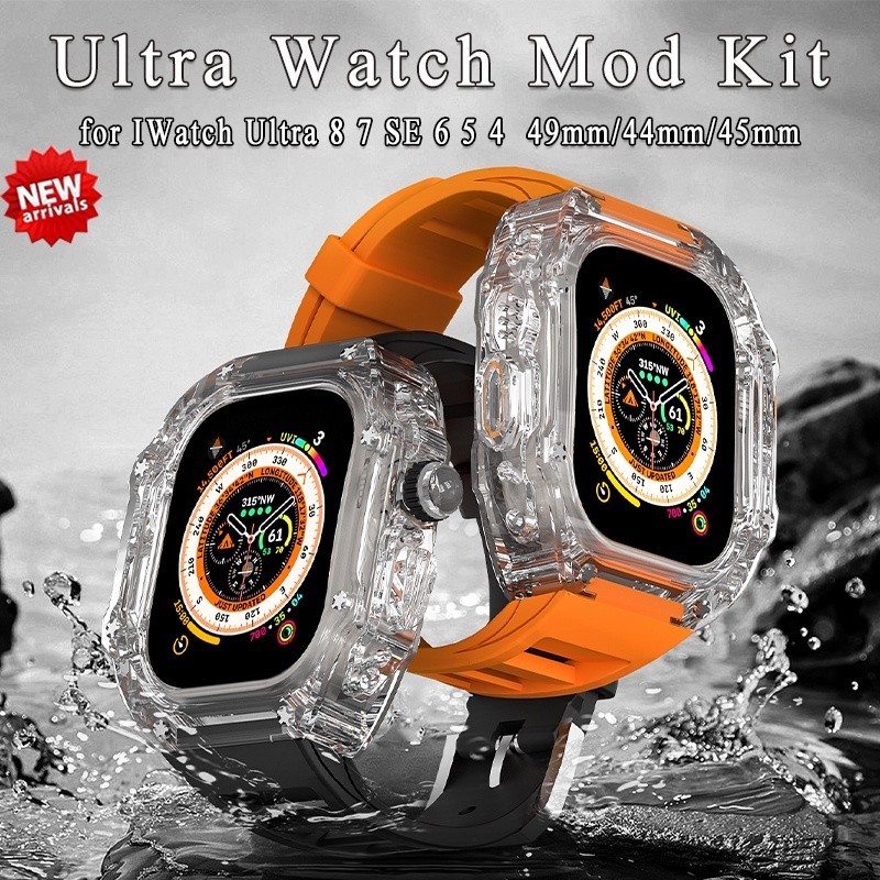 ♞豪華透明錶殼錶帶改裝套件適用於蘋果手錶Apple Watch Ultra 49 毫米 8 7 45毫米 44毫米