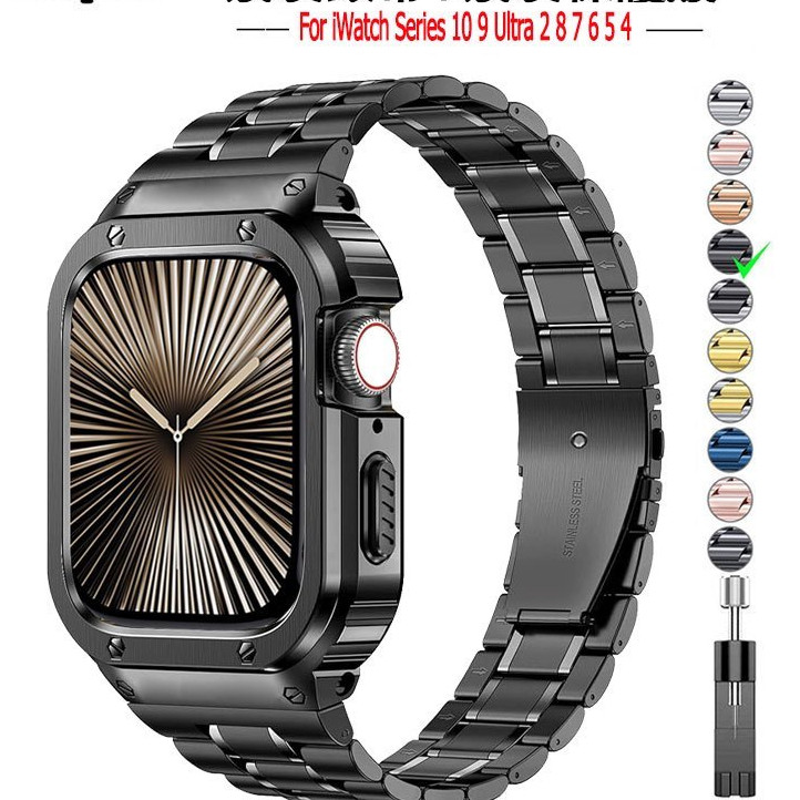 ♞,♘改裝金屬錶殼+不銹鋼錶帶套裝適用apple watch 10 46mm ultra 2 9 49 45mm蘋