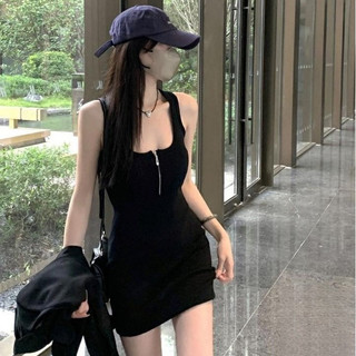 【🔥臺灣出貨🔥】拉鍊吊帶針織短洋 春夏新款韓系INS修身顯瘦氣質純欲性感辣妹無袖洋裝 合身洋 針織洋 包臀洋裝