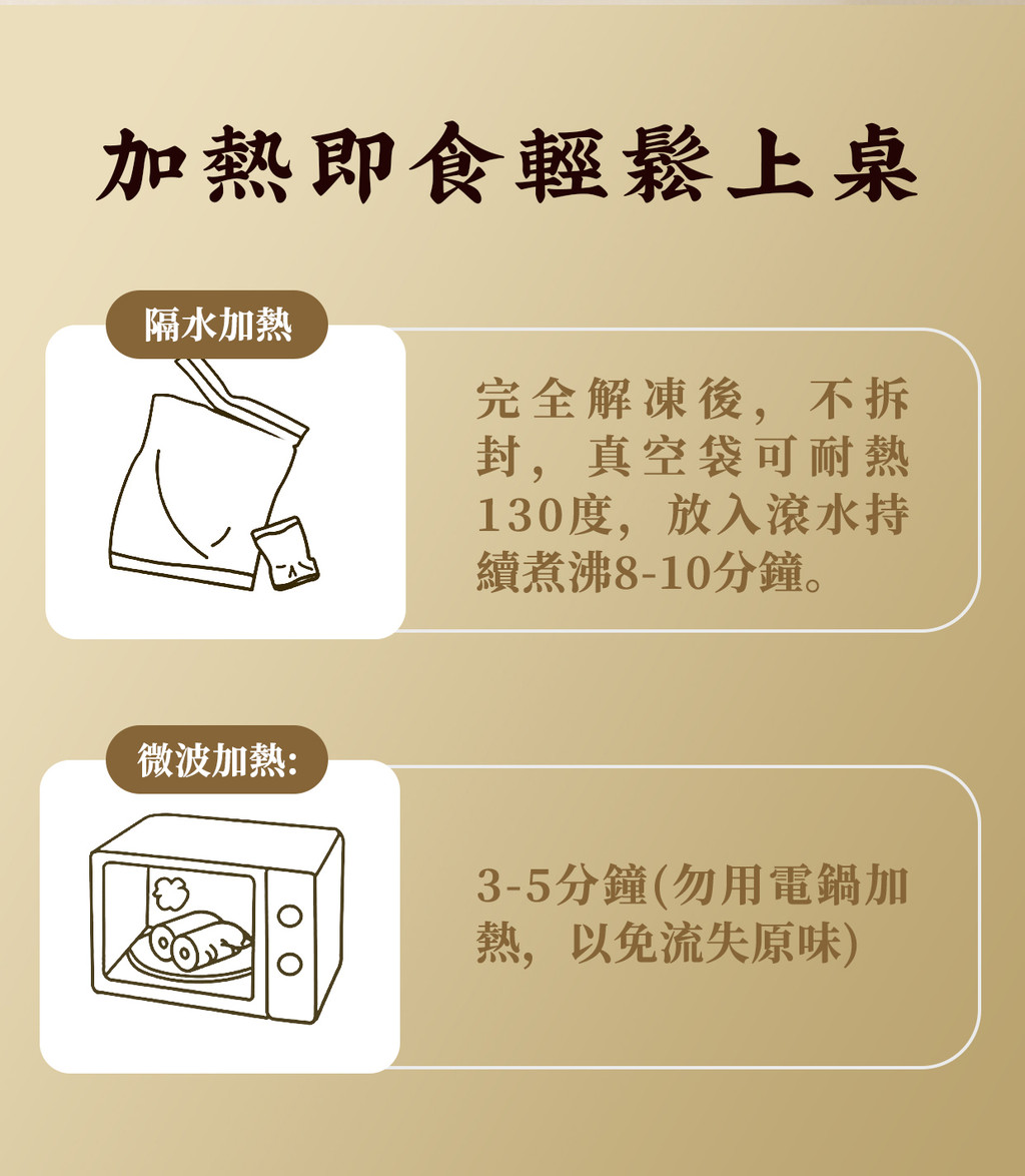 加熱即食輕鬆上桌隔水加熱完全解凍後,不拆封,真空袋可耐熱130度,放入滾水持續煮沸8-10分鐘。微波加熱:3-5分鐘(勿用電鍋加熱,以免流失原味)