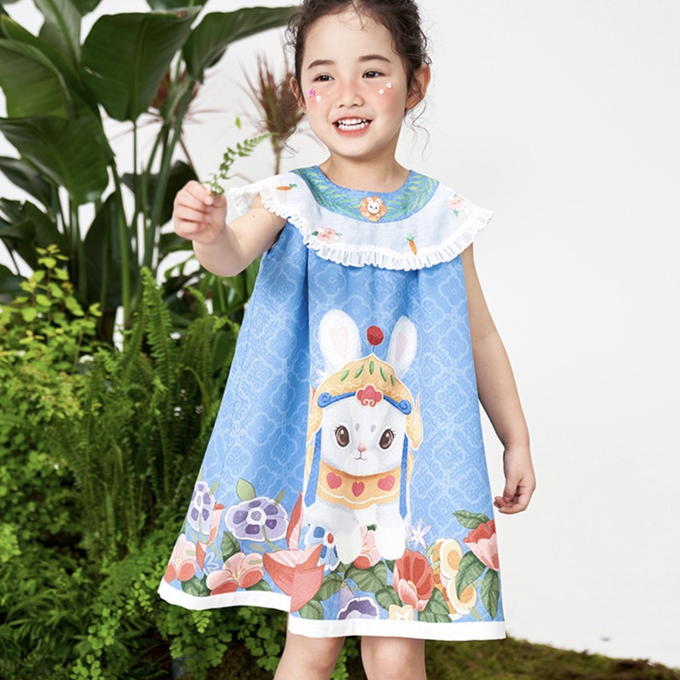 IRIS KIDS 兔年限定 春季童裝新品 藍色兔子全棉印花洋裝