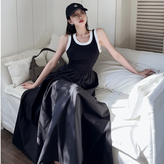 韓版氣質性感洋裝女裝緊身收腰撞色圓領無袖中長款A字洋裝