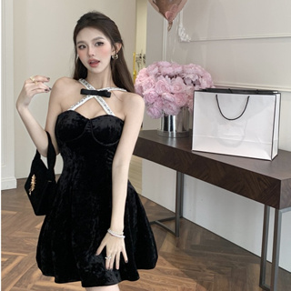 韓國氣質性感女裝高級掛脖洋裝緊身收腰一字領蝴蝶結黑色絲絨無袖洋裝