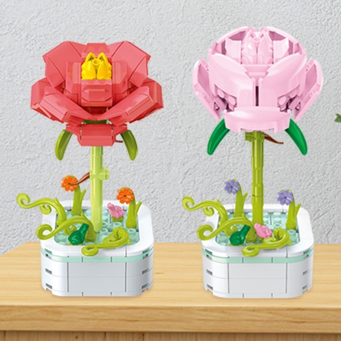 親子互動系列拼裝積木兼容樂高盆栽擺件玫瑰花向日葵節日禮物