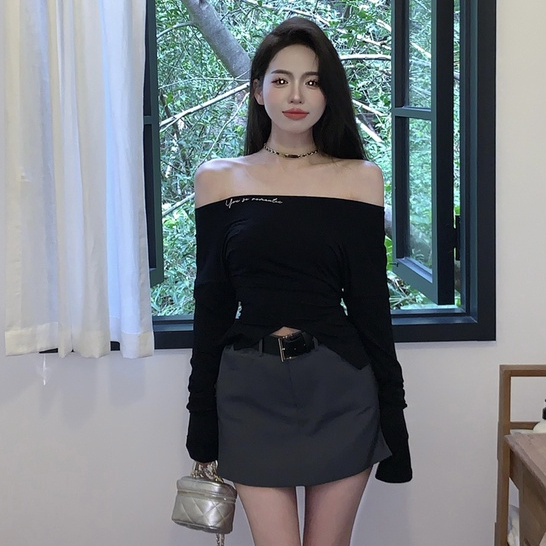 韓國休閒套裝女性感一字領字母印花短版長袖黑色T恤上衣+高腰A字半身裙兩件套