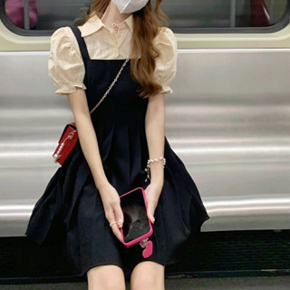 韓系女版假兩件吊帶短袖夏季新款溫柔風泡泡洋裝