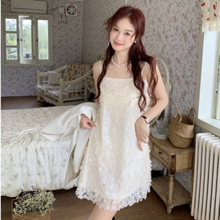 韓國氣質甜美吊帶洋裝女緊身浪漫亮片素色無袖雪紡A字洋裝夏季新品
