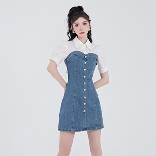 韓版牛仔洋裝女裝氣質時尚緊身收腰翻領撞色拼接單排扣包臀短袖洋裝