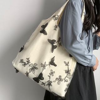 【BUDOUDOU】韓國高品質刺繡蝴蝶蕾絲仙女帆布包托特包大容量購物袋學生手提包斜揹包