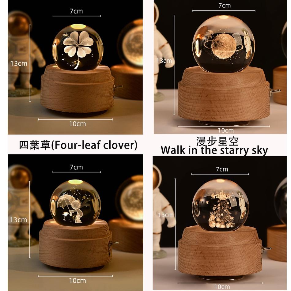 創意麋鹿八音盒音樂盒 透明水晶球3D小夜燈 實木底座 麋鹿夜燈 聖誕禮物
