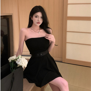 韓版抹胸連衣裙女裝氣質性感一字領無袖收腰黑色帶胸墊連衣裙女裝