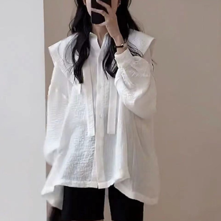 Oversize S-XXL 寬鬆韓版中長上衣純棉柔軟繫帶彼得潘領長袖襯衫女新款韓版時尚時尚寬鬆顯瘦上衣
