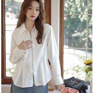 韓版女式愛心拉鍊白色上衣翻領長袖上衣