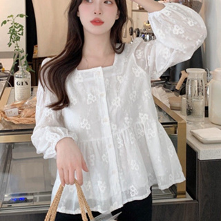 S-xxl 蕾絲襯衫長袖韓式方領刺繡上衣配雙層襯布不透明