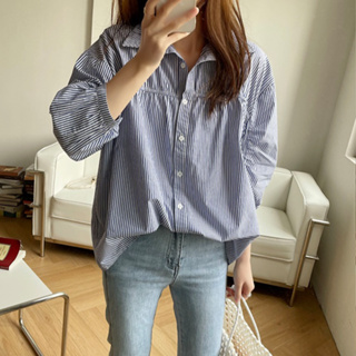 韓系女版秋季薄款泡泡袖抽繩七分袖條紋襯衫