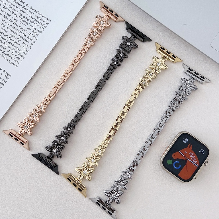 五瓣花點鑽 金屬錶帶 適用於 Apple Watch S8/Ultra/7/6/se2/4/3/2蘋果手錶錶帶