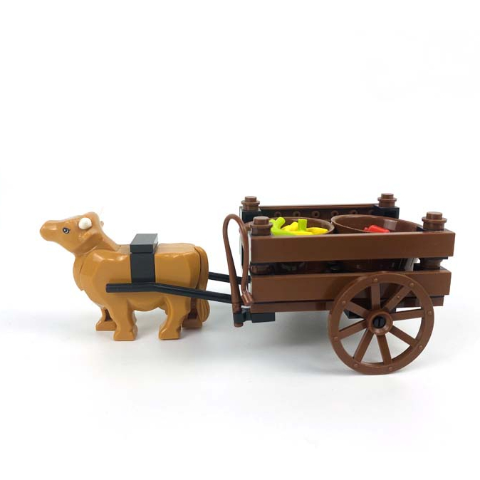 Moc小顆粒積木 中國風玩具 運輸牛車 中世紀牛車 水果 兒童益智模型