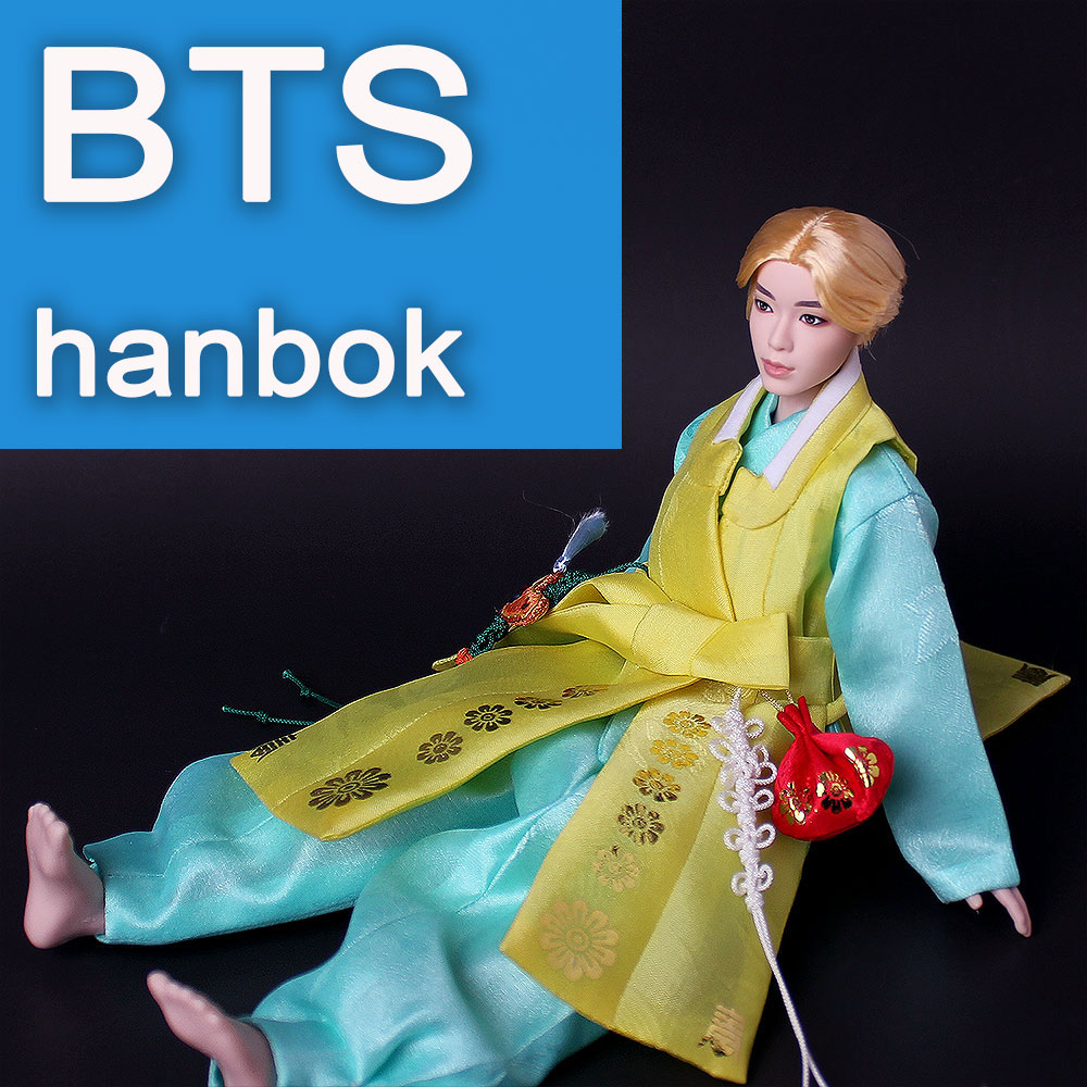 11 英寸娃娃韓服 - 薄荷色上衣和褲子配黃色背心 - 韓國傳統 bts 玩具衣服