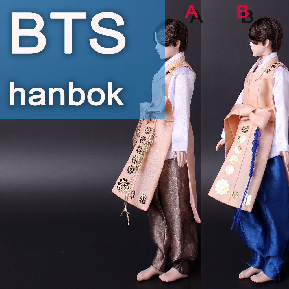 11 英寸娃娃裝韓服白色上衣棕色或藍色褲子配杏色背心 - bts 玩具的韓國傳統服裝