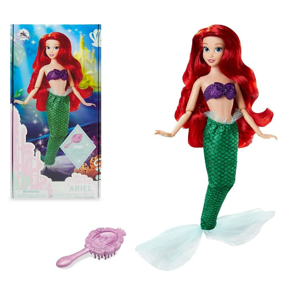 迪士尼公主愛麗兒經典娃娃適合兒童、小美人魚、31 厘米,包括帶有模壓細節的刷子,可完全擺動的閃光服裝玩具