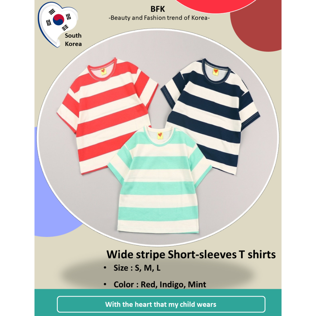 (韓國兒童和嬰兒服裝)寬條紋短袖 T 恤 - 夏季服裝、韓國布、兒童和嬰兒、兒童時尚、童裝、兒童服裝