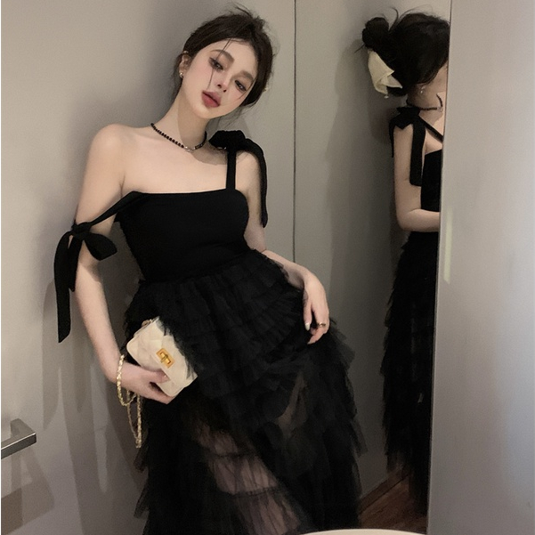 韓版性感黑色無袖長裙女裝高級設計黑色緊身收腰中長款蕾絲拼接雪紡吊帶洋裝