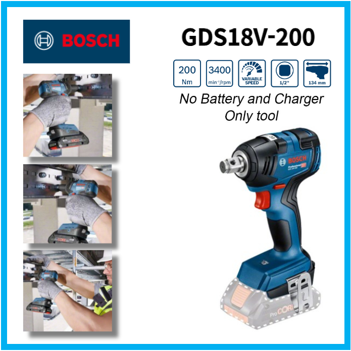 Bosch GDS18V-200 18V 充電式衝擊扳手非常適合與 1⁄2" 無刷配合使用(無充電器、無電池)