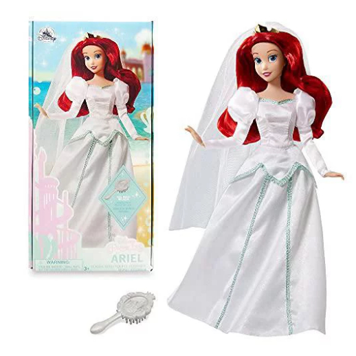 迪士尼正版公主愛麗兒婚禮經典娃娃適合兒童、小美人魚、31 厘米,包括帶有模壓細節的刷子,可完全可擺動的閃光服裝玩具