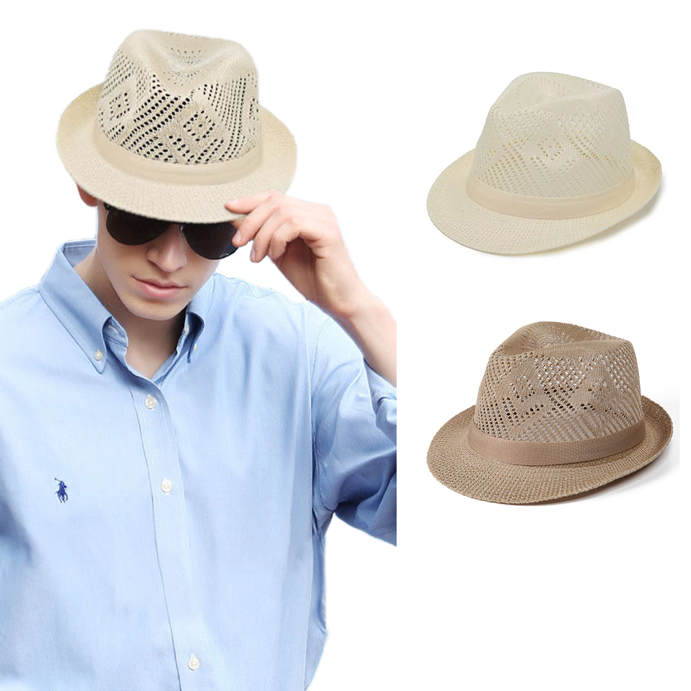 Rattan MESH Fedora 中性帽子男式女式寬邊草帽沙灘太陽紳士