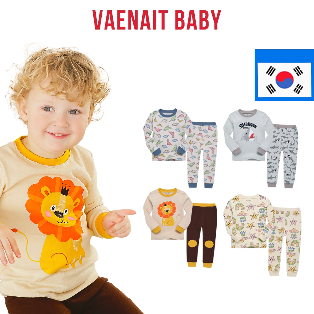 [韓國 Vaenait BABY] 12M-12Y 嬰兒兒童初中男孩女孩動物獅子恐龍鯊魚角色 100% 棉睡衣套裝