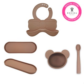 ROCOU 精緻彌月禮盒(個別包裝) 初期副食品組合(熊熊款)+圍兜+多功能矽膠託盤 | ROCOU品牌旗艦店