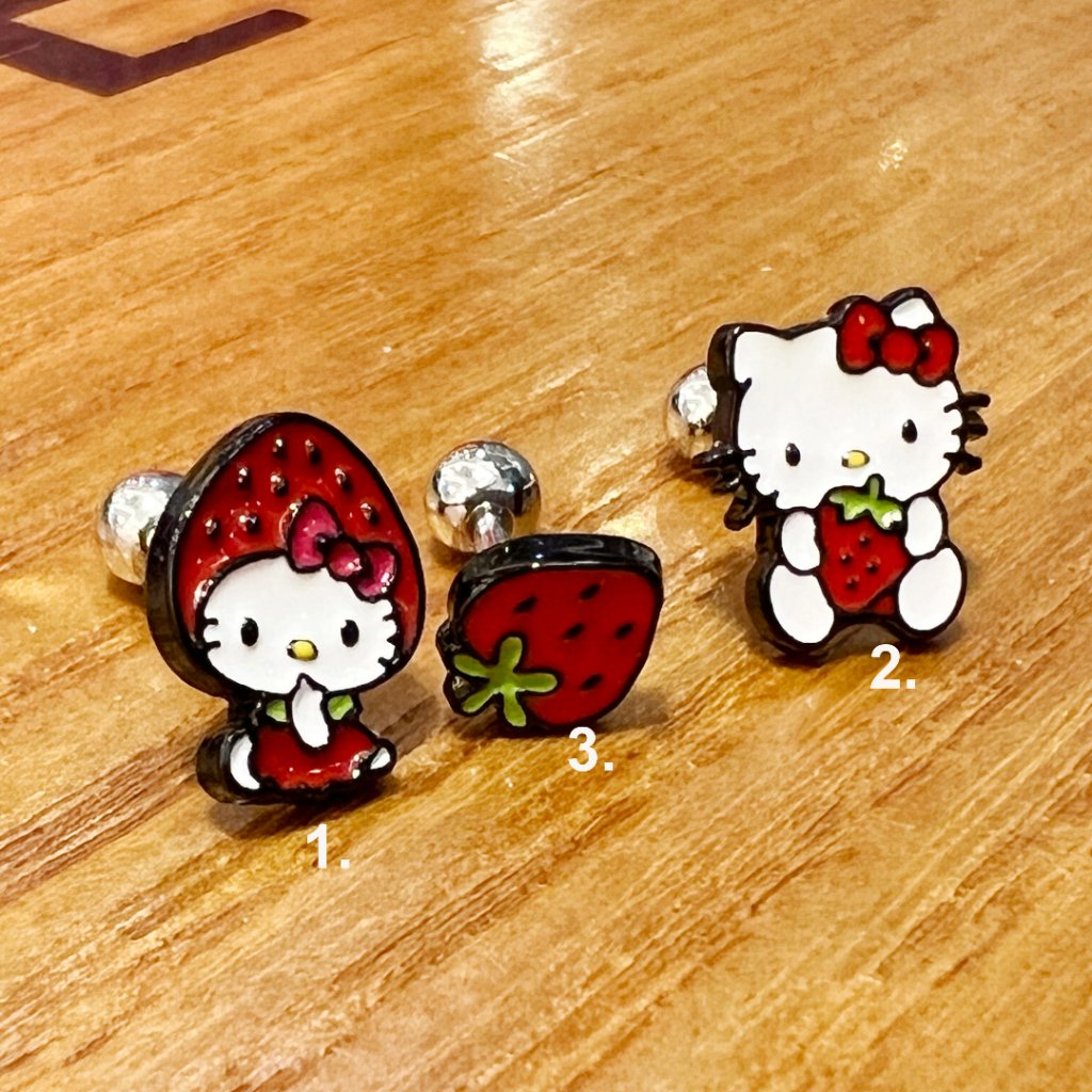 三麗鷗人物草莓 Hello Kitty 螺絲背耳環螺絲背球耳釘槓鈴手術鋼軟骨耳環
