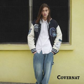[COVERNAT]25SS 復古棒球服男 美式外套女 春季時尚百搭保暖羊毛混紡寬鬆夾克（海軍藍）