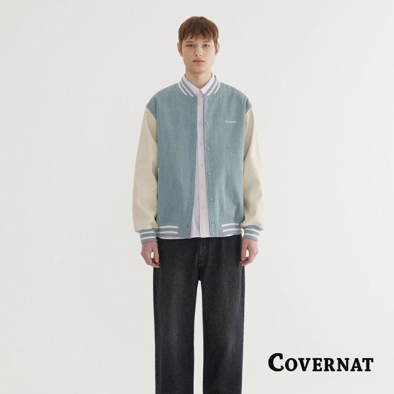 [COVERNAT]25SS 復古美式外套 牛仔外套男 春款新品寬鬆運動棒球夾克女（藍色）